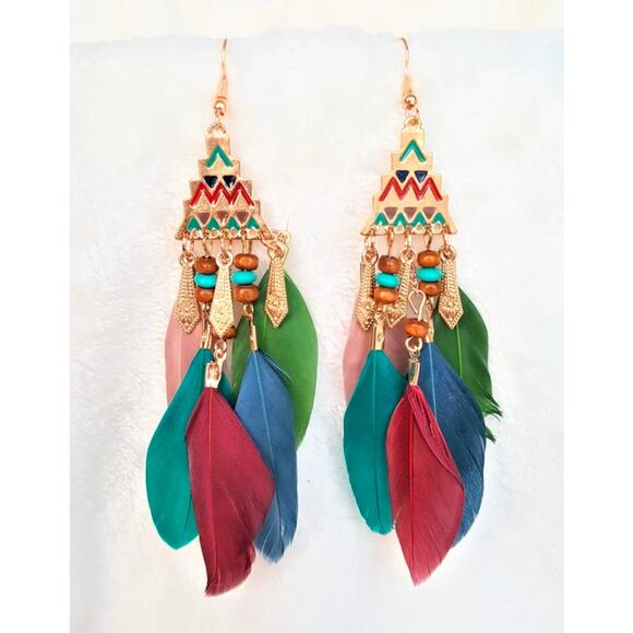 Free People Jewelry - Equator Breeze Multicolor Feather Aztec Pyramid Earrings